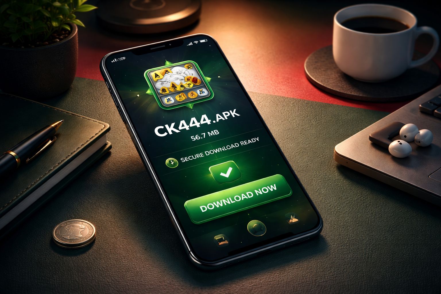 CK444 APK file information displayed on a smartphone