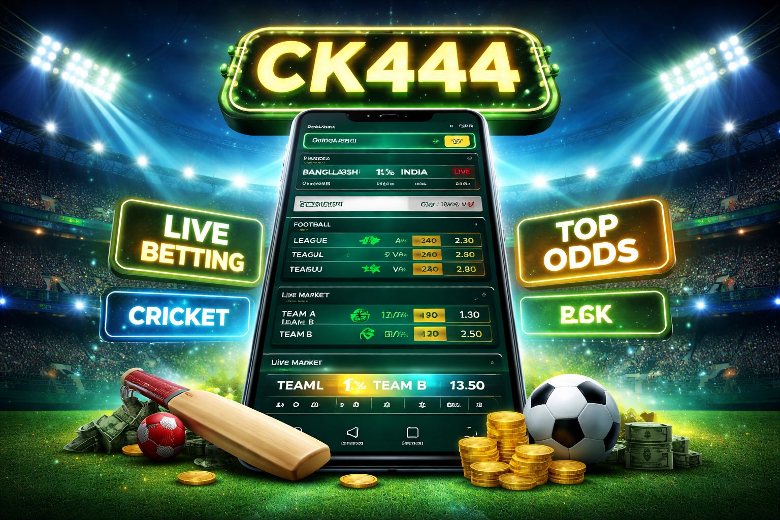 CK444 betting page showing cricket match odds on a mobile sportsbook screen