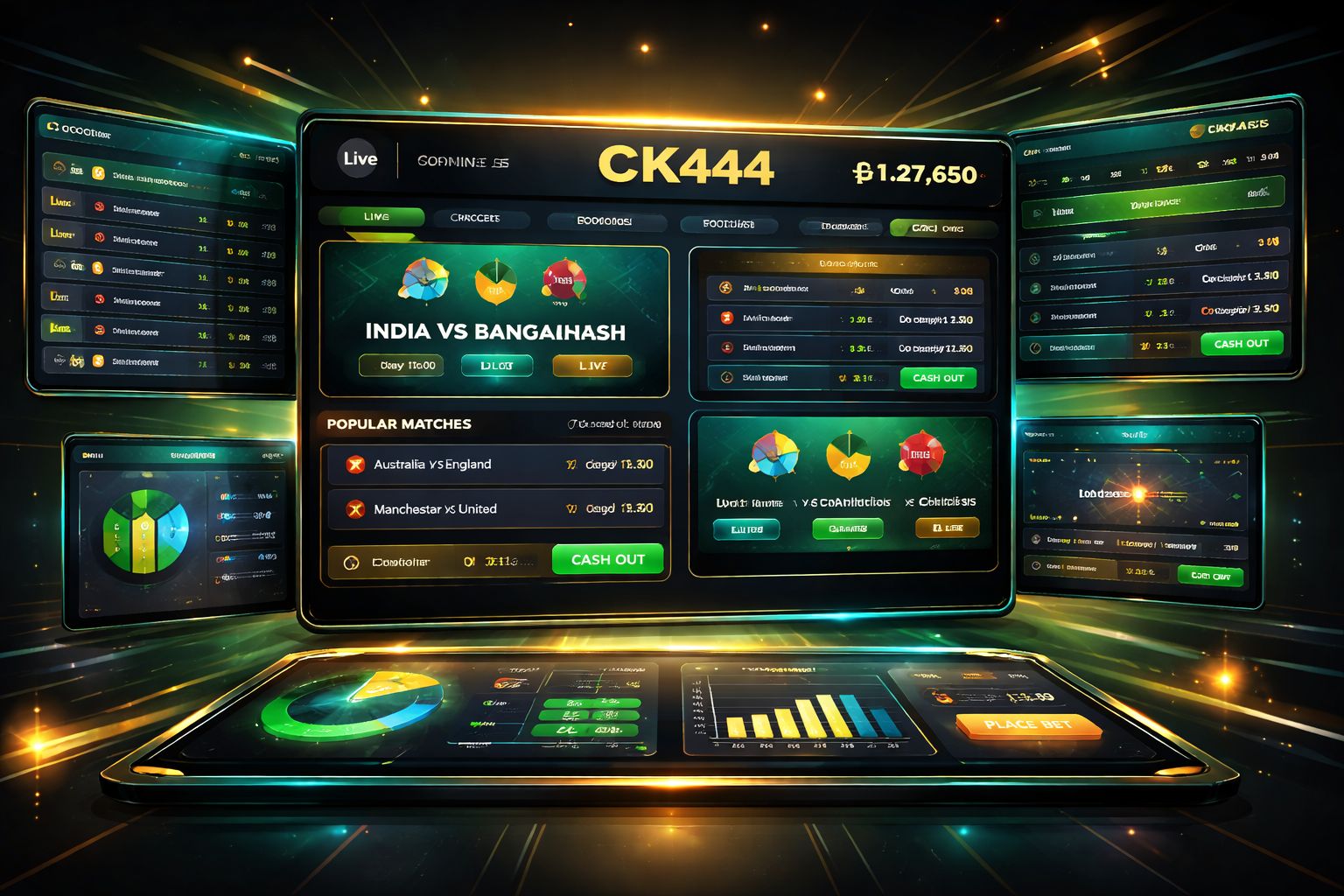 CK444 sportsbook dashboard with cricket fixtures, football odds and live market panels