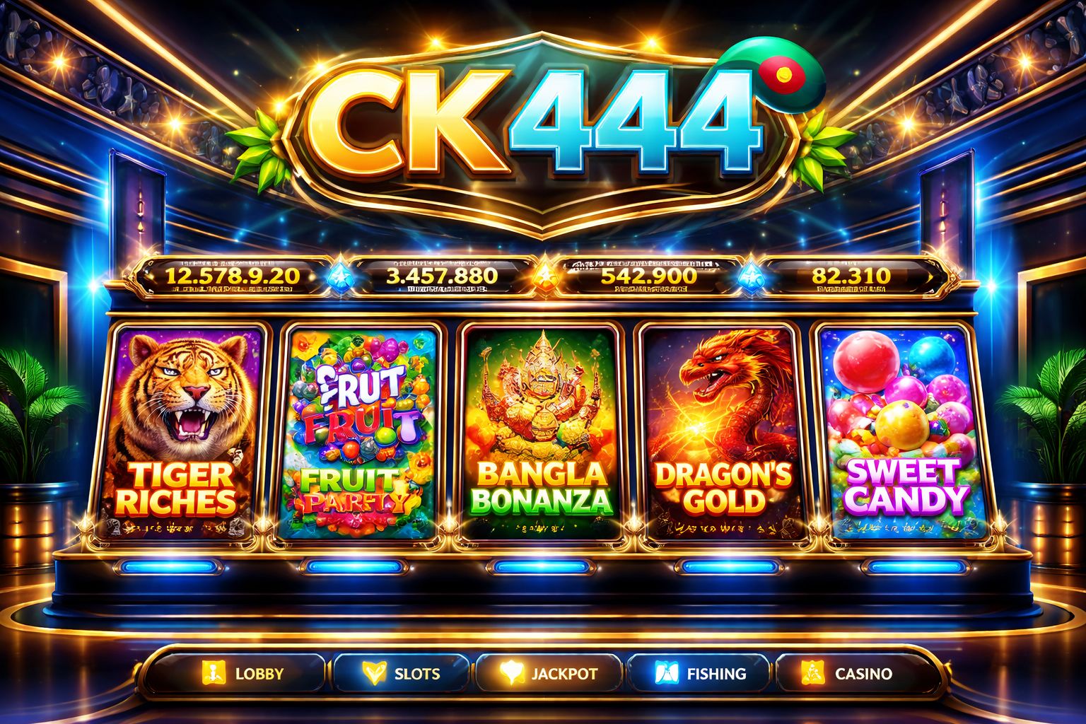 CK444 slots lobby with colourful reels, jackpot panels and Bangladesh-friendly mobile play