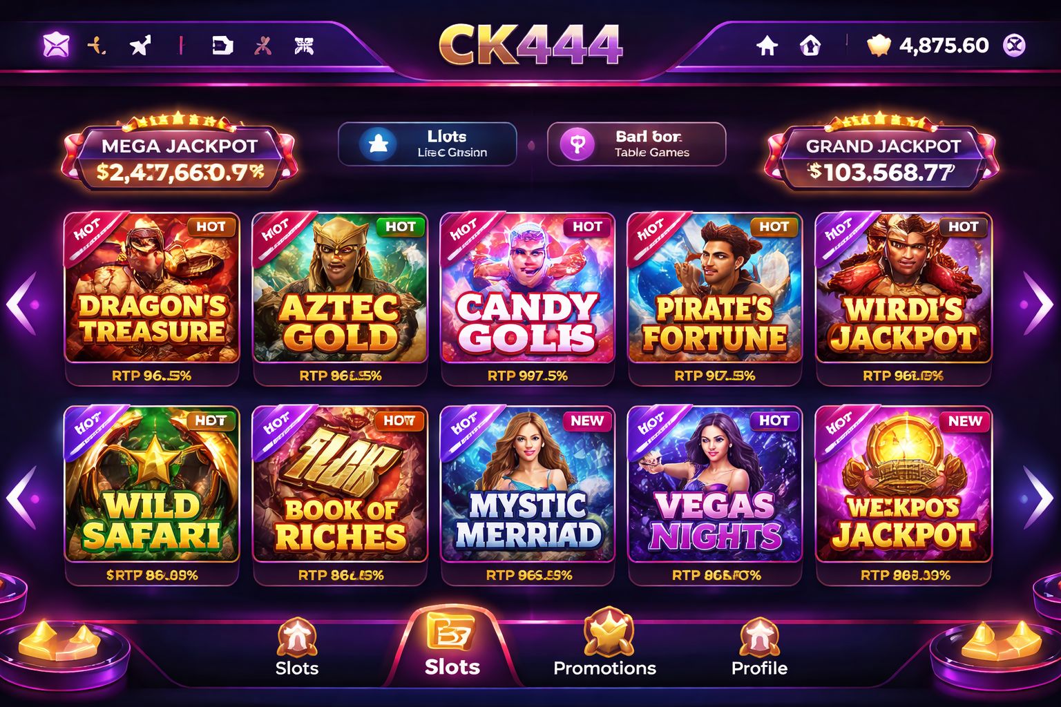 CK444 slot game grid showing popular reel titles and bonus spin categories